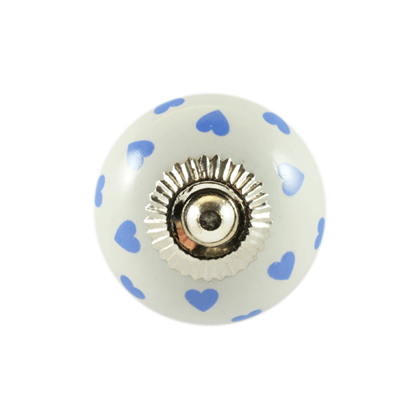 Keramik-Möbelknopf - Queen Hearts Blue | weiß blaue-Herzen (rund) 
