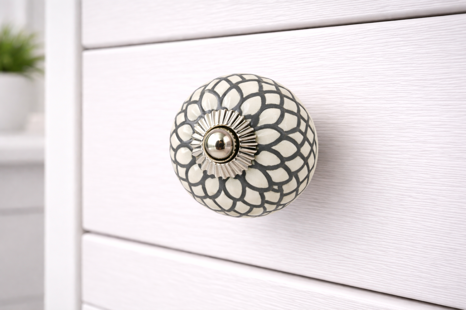 Keramik-Möbelknopf - Floral Vintage | weiß, grau (rund)