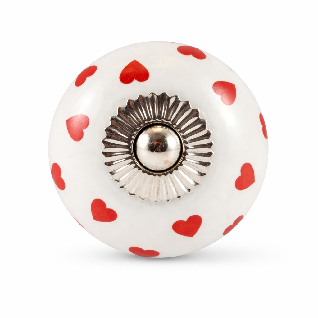 Keramik-Möbelknopf - Queen Hearts Red | weiß rote-Herzen (rund)