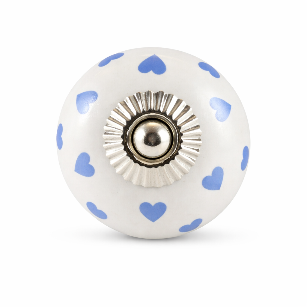Keramik-Möbelknopf - Queen Hearts Blue | weiß blaue-Herzen (rund)