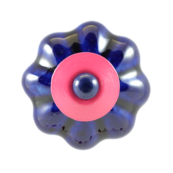 Keramik-Möbelknopf - PopArt Flower Blue | dunkelblau rosa schwarz (Blumenform) 