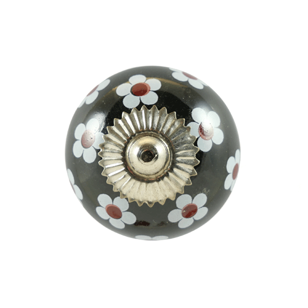 Keramik-Möbelknopf - Queen Flower Black | schwarz weiß-rote-Blumen (rund) 
