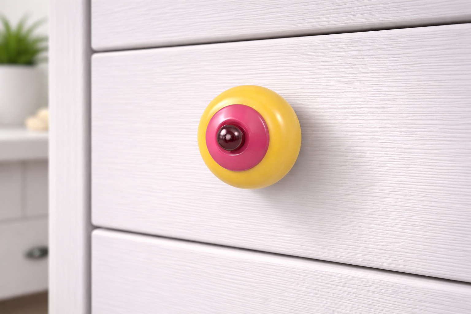 Keramik-Möbelknopf - PopArt Yellow | gelb pink dunkellila (rund)