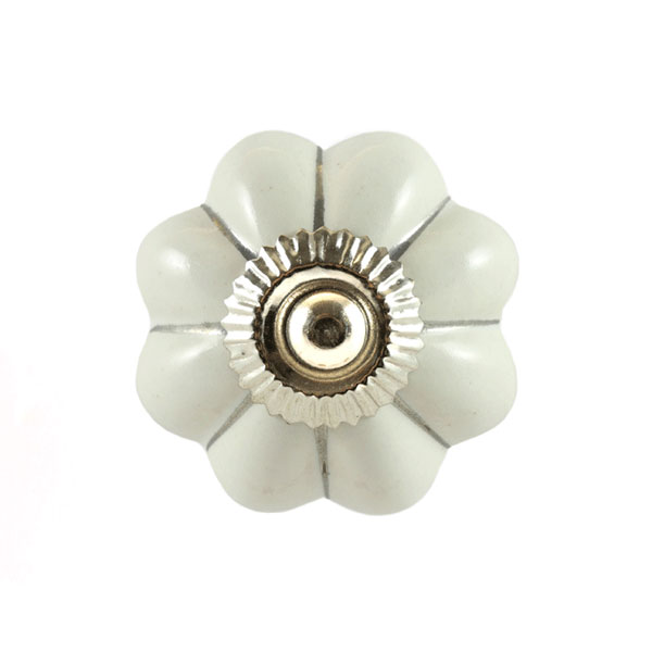 Keramik-Möbelknopf - Orientflower Silver | Weiss mit silbernen Streifen (Blumenförmig)