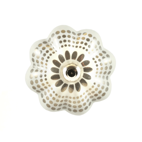 Keramik-Möbelknopf - India Silver Flower | weiß, silber (Blumenform) 