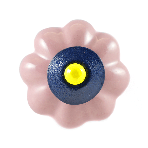 Keramik Möbelknopf - PopArt Flower Pink | pink dunkelblau gelb (Blumenform)