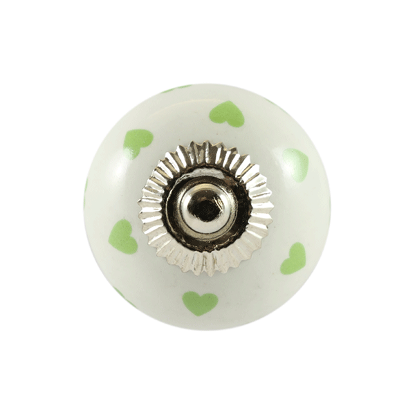Keramik-Möbelknopf - Queen Hearts Green | weiß grüne-Herzen (rund) 