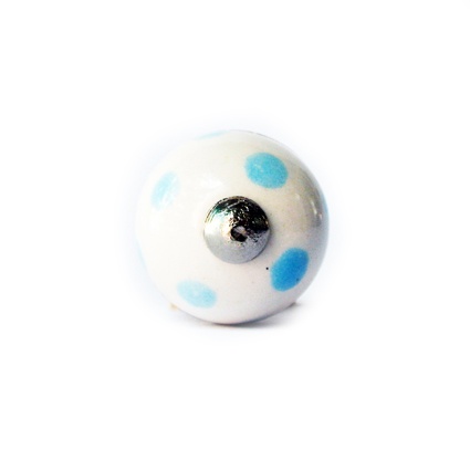 Keramik-Möbelknopf - Blue Dots | Weiss mit hellblauen Punkten (Rund)