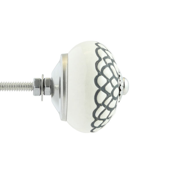 Keramik-Möbelknopf - Floral Vintage | weiß, grau (rund)
