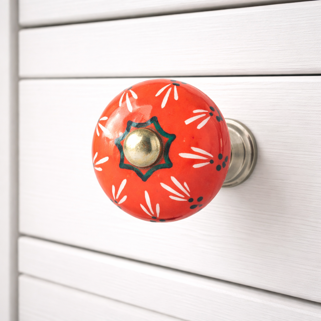 Keramik-Möbelknopf- Bricole Red | Rot mit Blumenranke (rund)