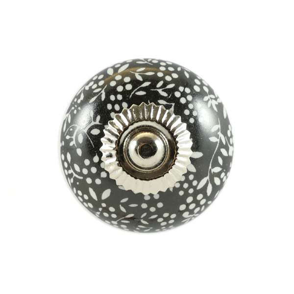 Keramik-Möbelknopf - Queen Floral Black | schwarz weißes-Blumenmuster (rund) 