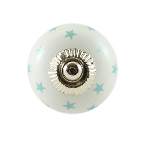 Keramik-Möbelknopf - Queen Star Turquoise | Weiß türkise-Sterne (rund)