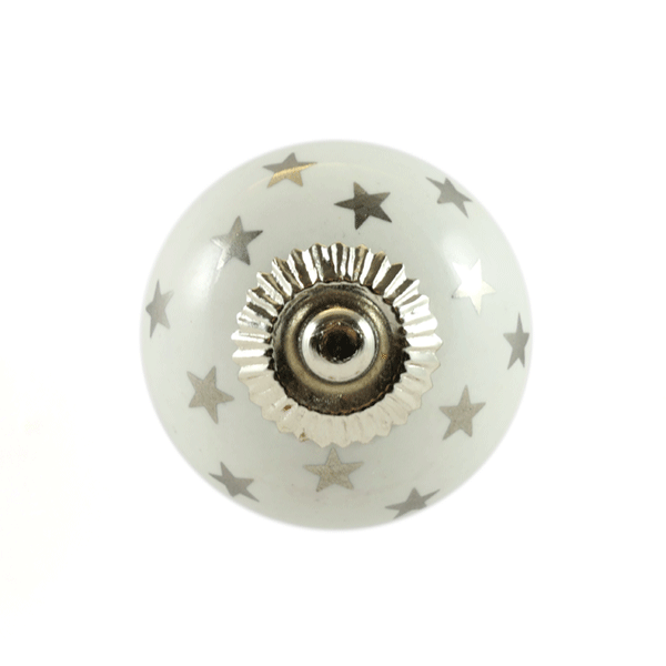 Keramik-Möbelknopf - Queen Star Silver | Weiß silber-Sterne (rund) 
