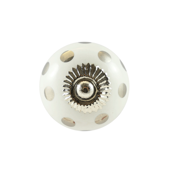 Keramik-Möbelknopf - Queen Silver | Weiß mit silbernen Punkten (rund)