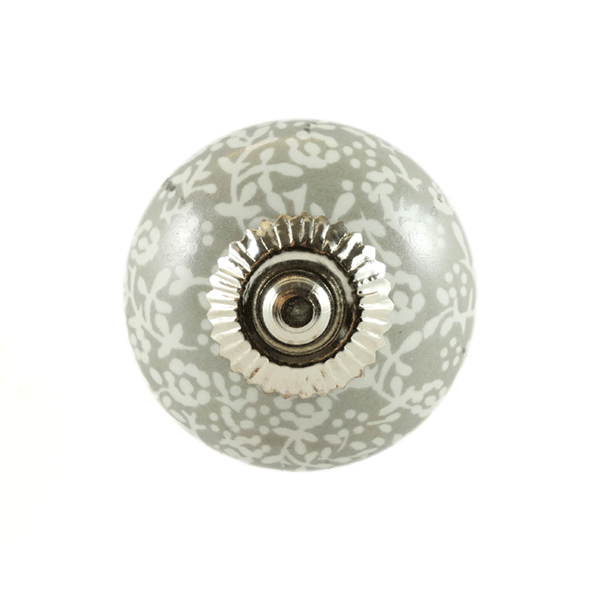 Keramik-Möbelknopf - Queen Floral Gray | grau weißes-Blumenmuster (rund)