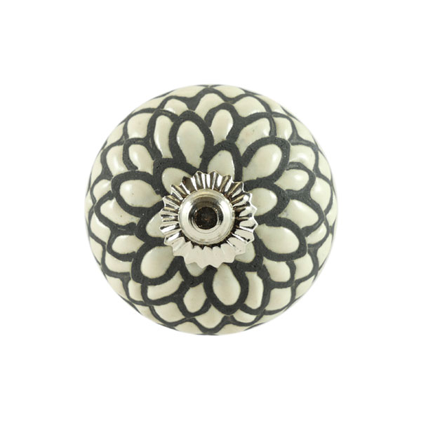 Keramik-Möbelknopf - Floral Vintage | weiß, grau (rund) 