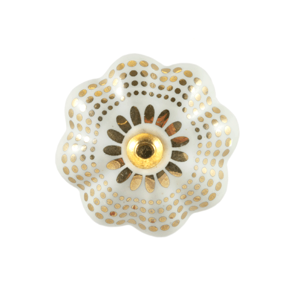 Keramik-Möbelknopf - India Gold Flower | weiß gold (Blumenform)  